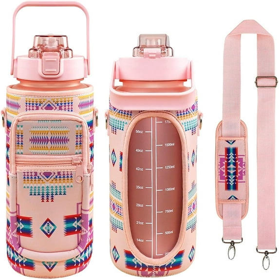 64 oz Bohemia Water Bottle with Sleeve BPA Free Half Gallon Water Jug with Straw and Time Marker, Motivational Gym Workout Pregnancy Water Bottles Gifts for Women