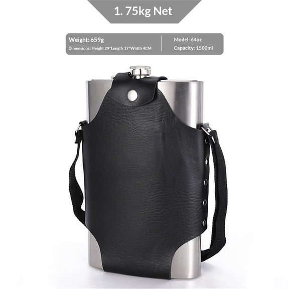 64 oz Classic Style Stainless Steel Liquor Whiskey Hip Flask Silver Vegan Leather Flask Case, Portable Pocket Belt Bag Compatible Protective Travel Holder for Men