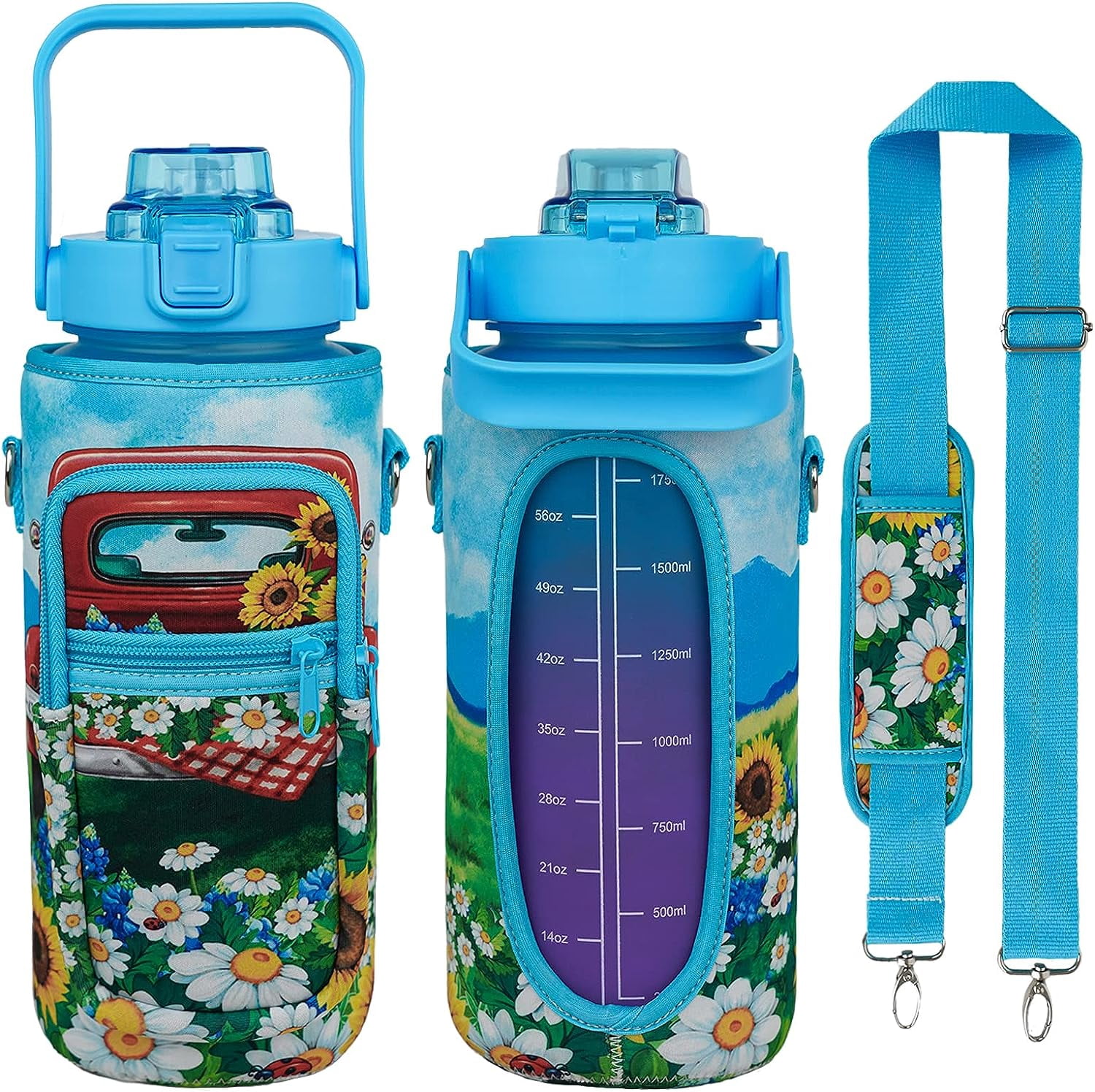 64 oz Cute Water Bottle with Sleeve BPA Free Half Gallon Water Jug with Straw and Time Marker, Motivational Gym Workout Pregnancy Water Bottles Gifts for Women