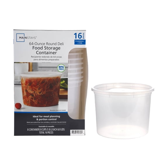 Mainstays 16 Piece 64 oz Plastic Deli Container, Designed to Help with Pantry Storage and Everyday Organization