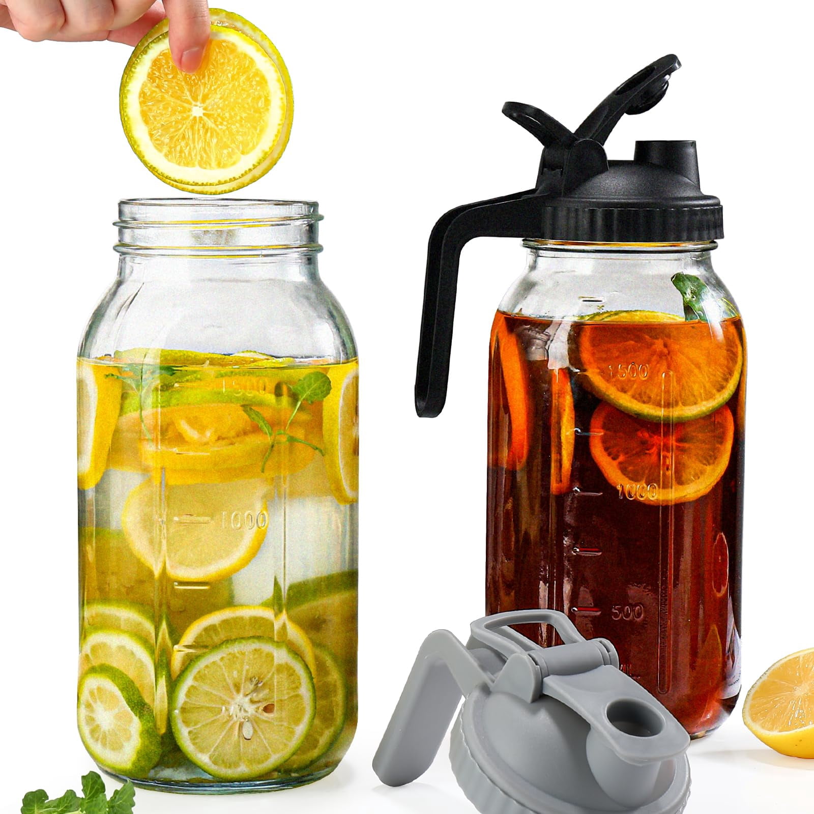 2-Pack Half Gallon Mason Jar Pitchers - 64 Oz Glass Jug With Flip Cap & Pour Spout, Airtight & Leakproof