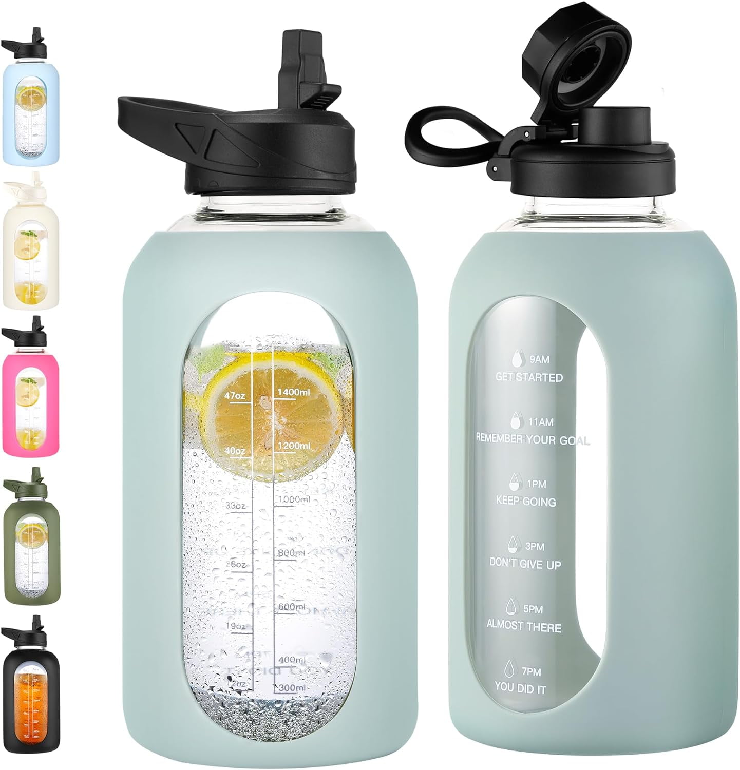 CIVAGO 64 Oz Glass Water Bottle With Straw - Half Gallon Motivational Bottle With Time Marker & Silicone Sleeve