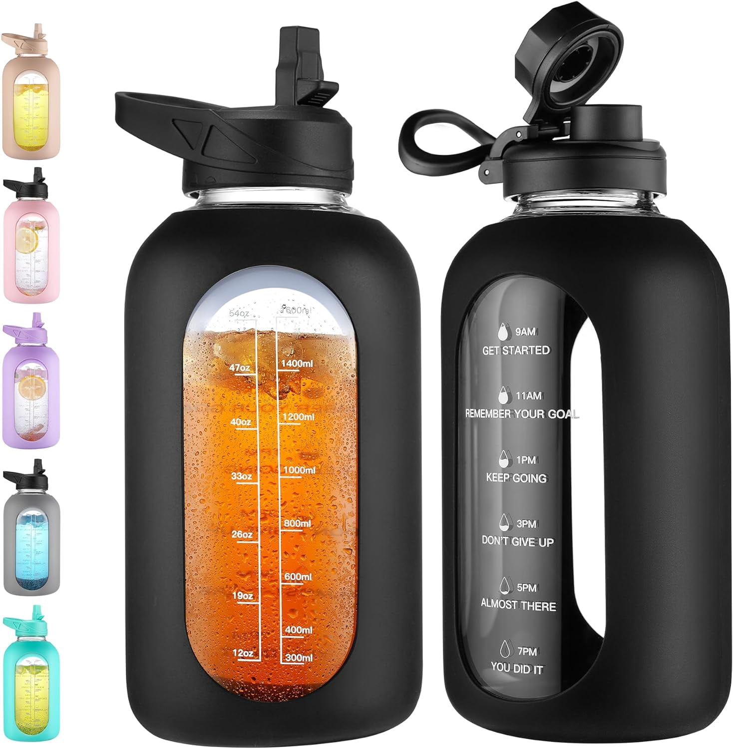 64 oz Glass Water Bottle Jug with Straw and Handle, Half Gallon Sports Motivational Water Bottle with Time Marker, Wide Mouth Flask Canteen with Silicone Sleeve for Gym, Black
