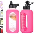 thumbnail image 1 of 64 oz Glass Water Bottle With Straw and Handle, Half Gallon Sports Motivational Water Jug Flask with Silicone Sleeve, Large Water Cup with Time Marker for Travel, Gym, Hot Pink, 1 of 6