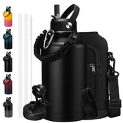 64 oz Insulated Water Bottle with Straw & Auto Spout Lids,Paracord Handle,Strap Carrier & Protective Boot,Half Gallon Water bottle,Wide Mouth Metal Canteen Thermo Flask,Leak-proof Hydro Water Jug