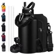 64 oz Water Bottle with Straw & Spout Lids - Half Gallon Insulated Water bottle,Wide Mouth Metal Canteen Thermo Flask,Leak-proof Water Jug,Black