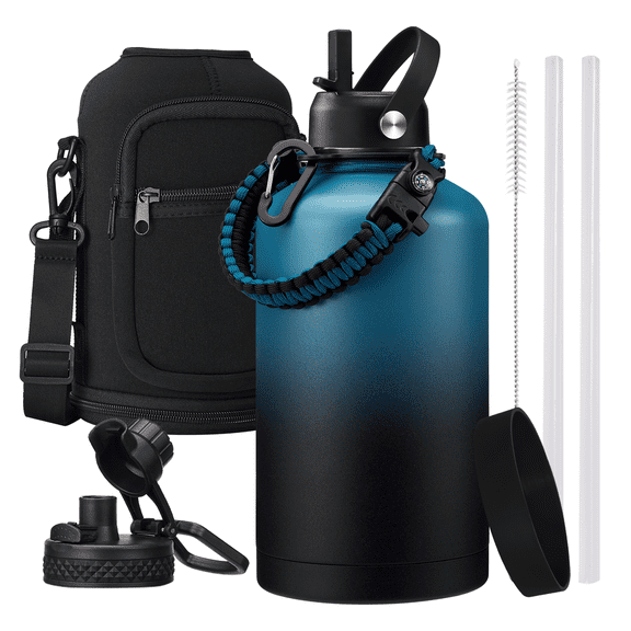 64 oz Insulated Water Bottle with Straw - Bottle Sleeve, Paracord Handle, Triple Wall Half Gallon Water Bottle Cold for 48h, 1/2 Gallon Sports Jug