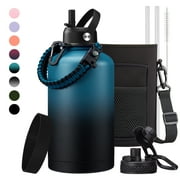 64 oz Insulated Water Bottle with Straw - Bottle Sleeve, Paracord Handle, Triple Wall Half Gallon Water Bottle Cold for 48h, 1/2 Gallon Sports Jug