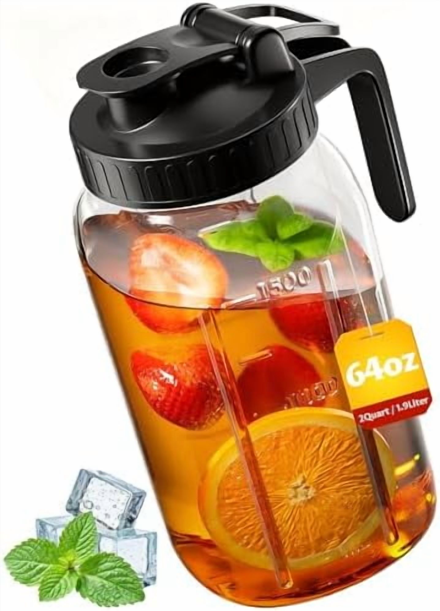 64 oz Mason Jar Pitcher, 2 Quart Glass Water Pitcher with Lid, Airtight ...
