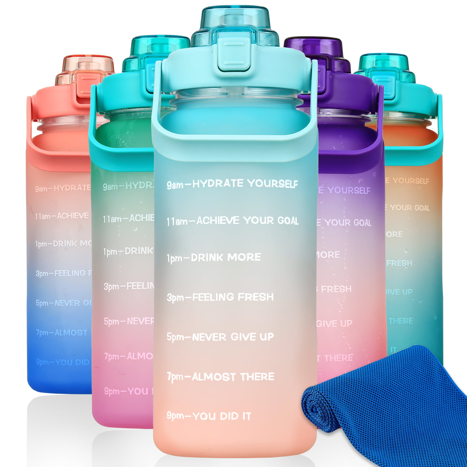 RYI Large Motivational Water Bottle with Straw Time Marker BPA Free for Sport and Fitness (Pink Blue, 64 oz / Half Gallon)