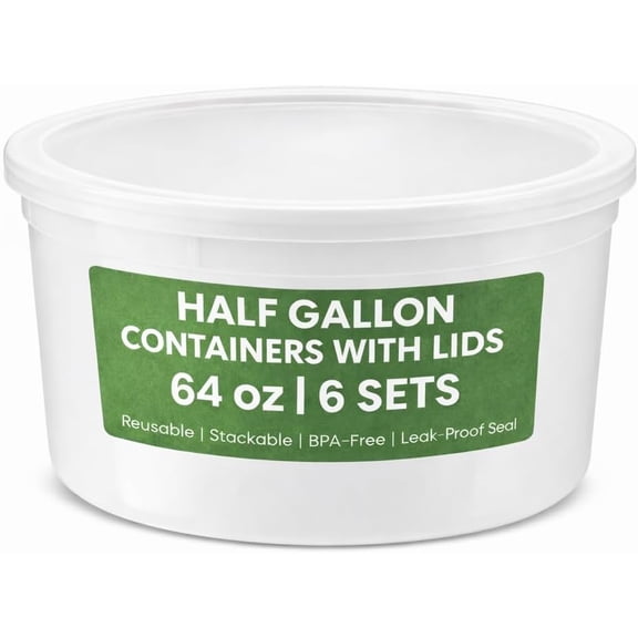 64 oz Round Plastic Food Storage Containers with Leak-Proof Lids, BPA-Free, Freezer Dishwasher and Microwave Safe (Pack of 6)