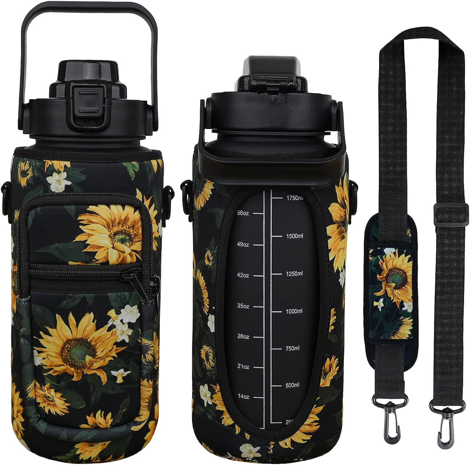 64 oz Sunflower Water Bottle with Sleeve BPA Free Half Gallon Water Jug with Straw and Time Marker, Motivational Gym Workout Pregnancy Water Bottles Gifts for Women