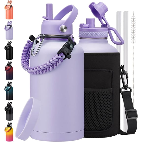 64 oz Water Bottle- Cold for 48Hrs Stainless Steel Insulated Water Bottle Gallon, Water Flask Jug, 1/2 Gallon Cup Purple Water Bottle for Woman Girl