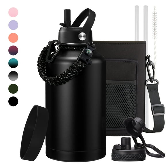 64 oz Water Bottle - Half Gallon Insulated Water Bottle with Straw, Keep Cold-48H Hot-24H, 2 Liter Metal Vacuum Insulated Sports Jug with Flask Boot