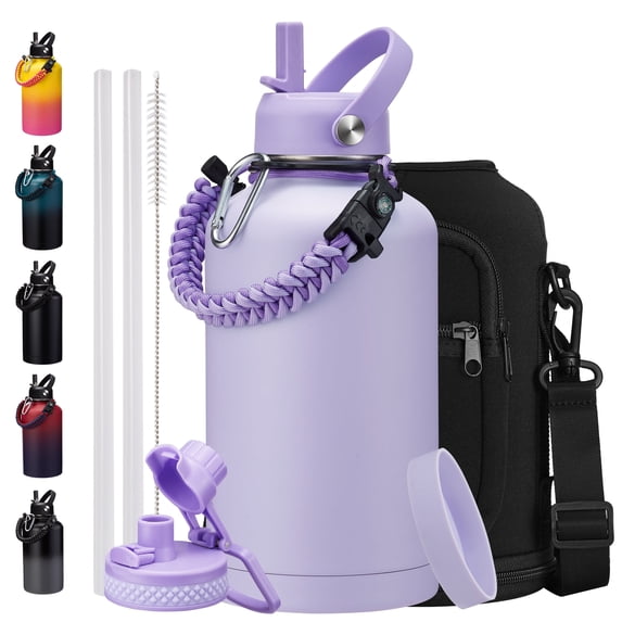 64 oz Water Bottle Insulated Cold-48h Hot-24h, Stainless Steel Half Gallon Water Jug with Straw, Pop-up Chug Lid, Carrier Bag, Paracord Handle, Leak-proof Metal Flask