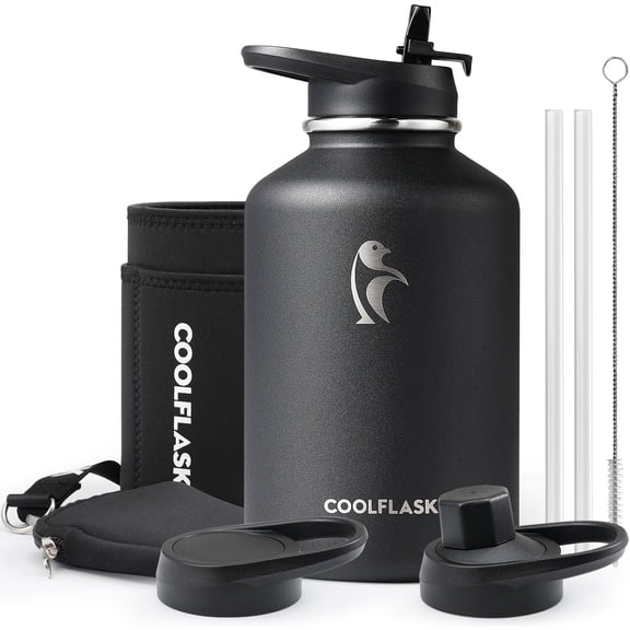 64 oz Water Bottle Insulated with PU Leather Sleeve & 3 Lids | Half Gallon Water Jug Stainless Steel Triple-Wall, Cold 48+h/Hot 24+h, Dishwasher Safe, Leakproof, BPA-Free, for Gym & Hiking