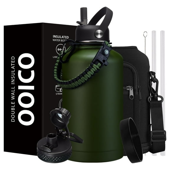 64 oz Water Bottle with Straw - Auto Spout Lid, Bottle Holder with Strap, Paracord Handle, THalf Gallon Insulated Water Bottle, 1/2 Gallon Sports Water Jug