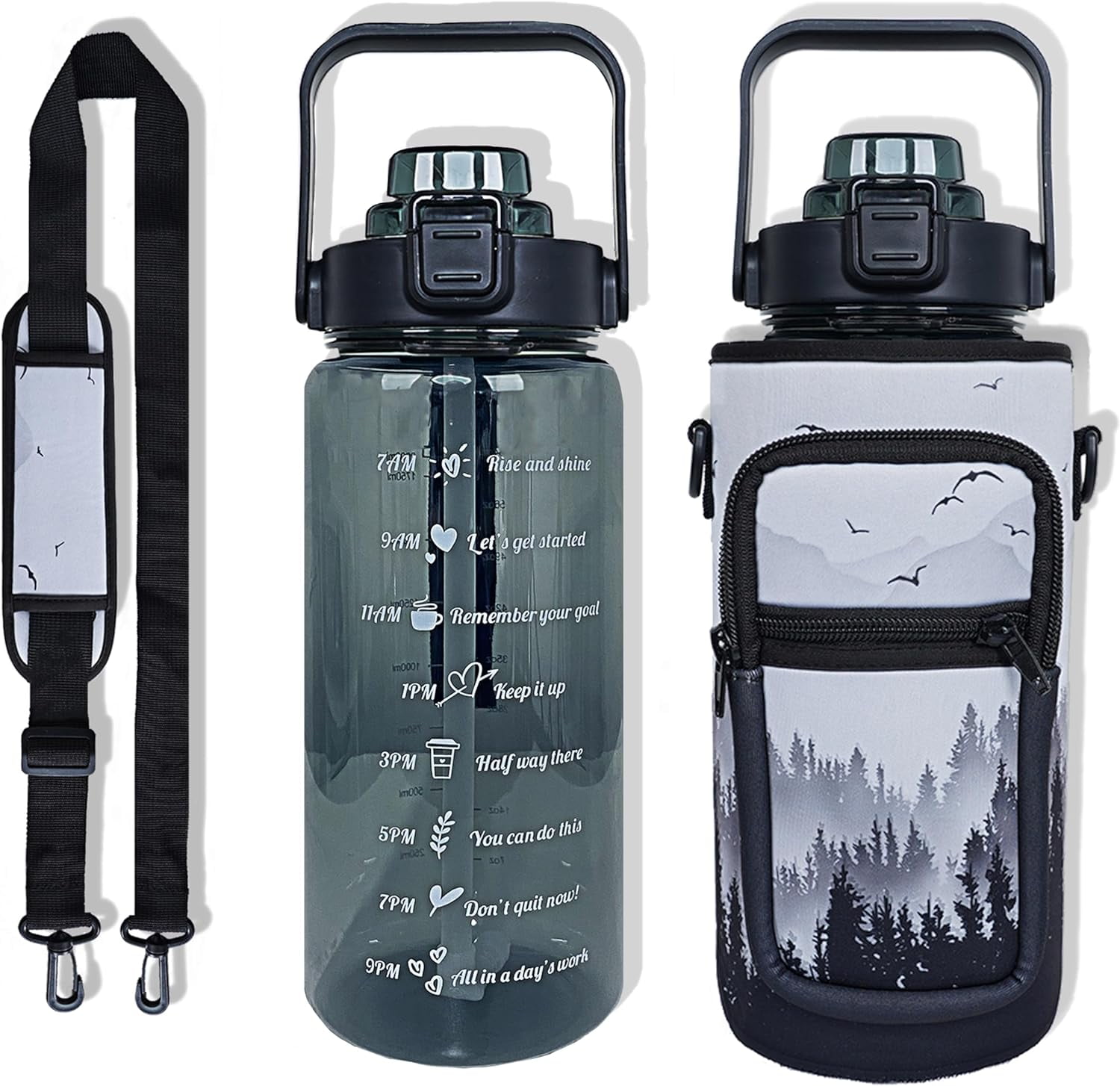 64 oz Water Bottle with Straw Sleeve & Strap Motivational BPA Free Half Gallon Water Jug with Handle for Gym Women Men Aesthetic Water Bottle with Strap Bird