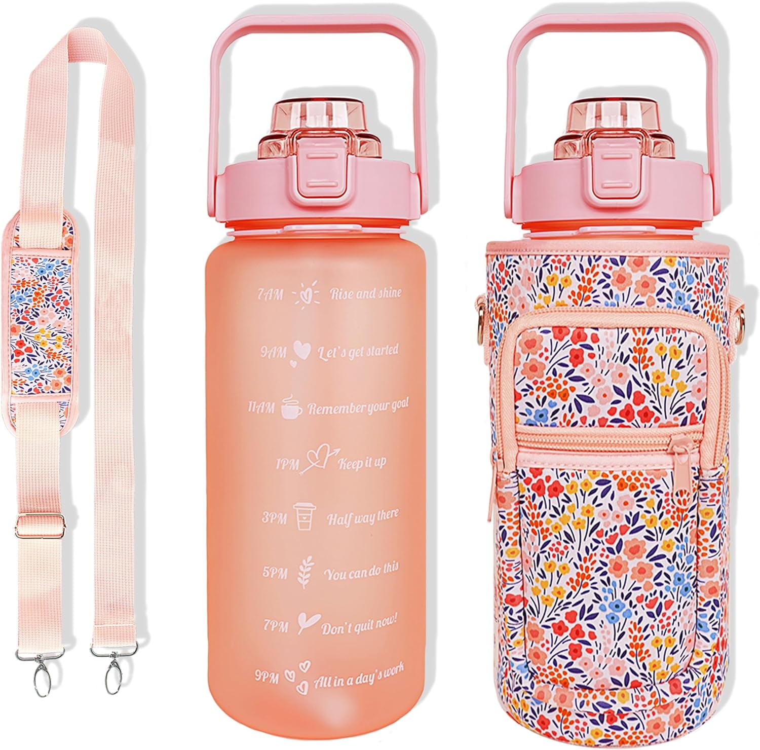 64 oz Water Bottle with Straw Sleeve & Strap Motivational BPA Free Half Gallon Water Jug with Handle for Gym Women Men Aesthetic Water Bottle with Strap Floral