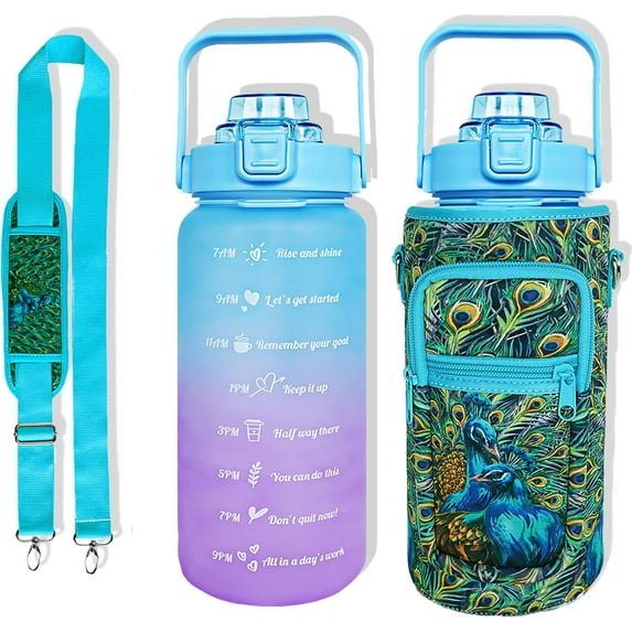 64 oz Water Bottle with Straw Sleeve & Strap Motivational BPA Free Half Gallon Water Jug with Handle for Gym Women Men Aesthetic Water Bottle with Strap Peacock