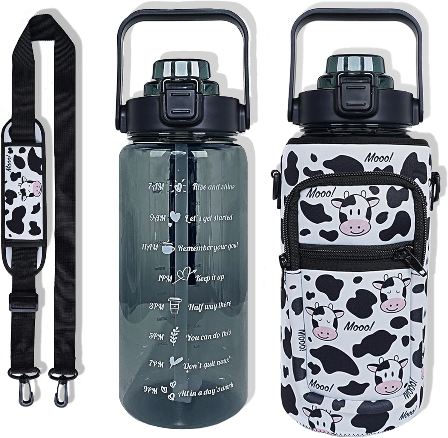 64 oz Water Bottle with Straw Sleeve & Strap Motivational BPA Free Half Gallon Water Jug with Handle for Gym Women Men Aesthetic Water Bottle with Strap