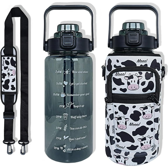 64 oz Water Bottle with Straw Sleeve & Strap Motivational BPA Free Half Gallon Water Jug with Handle for Gym Women Men Aesthetic Water Bottle with Strap