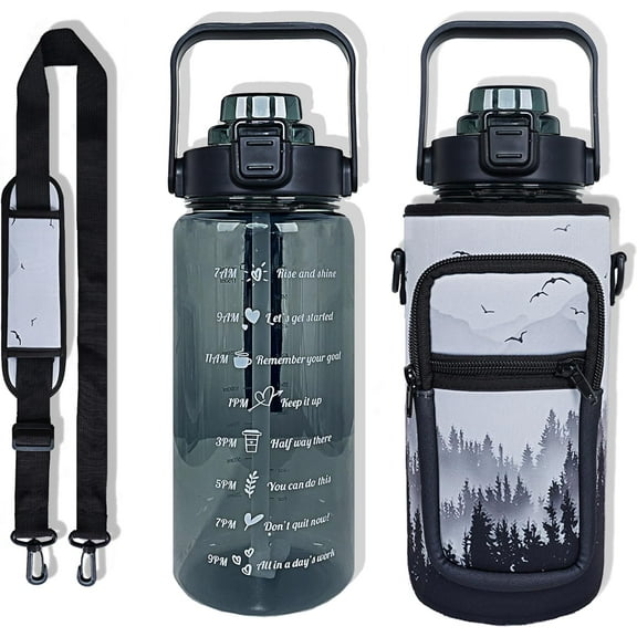 64 oz Water Bottle with Straw Sleeve & Strap Motivational BPA Free Half Gallon Water Jug with Handle for Gym Women Men Aesthetic Water Bottle with Strap Bird