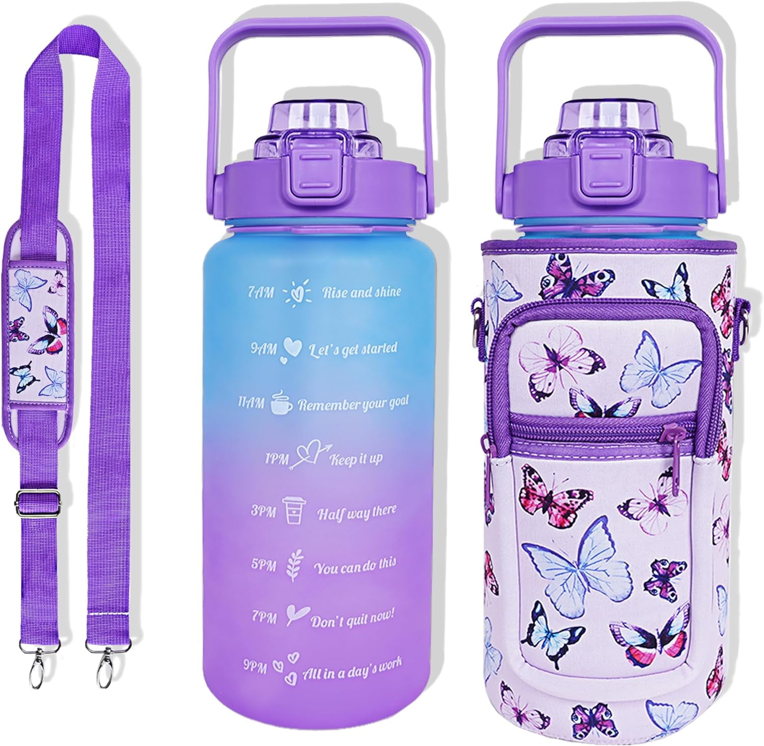 64 oz Water Bottle with Straw Sleeve & Strap Motivational BPA Free Half Gallon Water Jug with Handle for Gym Women Men Aesthetic Water Bottle with Strap Butterfly