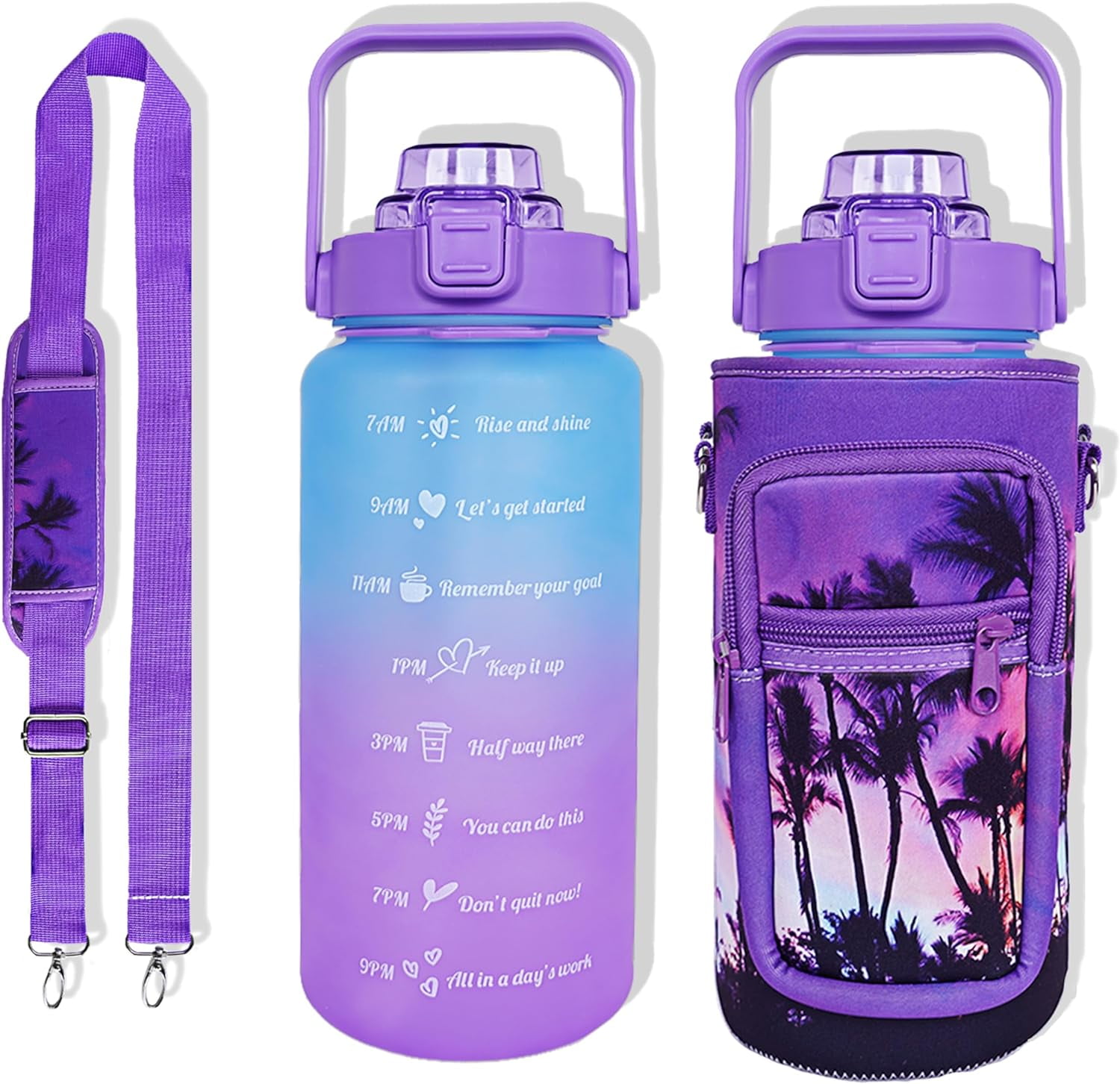 64 oz Water Bottle with Straw Sleeve & Strap Motivational BPA Free Half Gallon Water Jug with Handle for Gym Women Men Aesthetic Water Bottle with Strap Coconut Tree