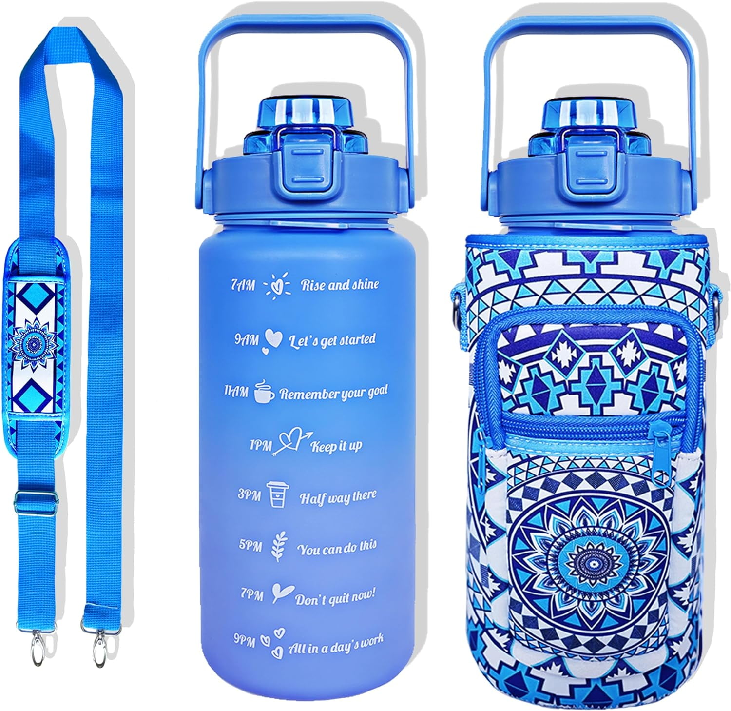 64 oz Water Bottle with Straw Sleeve & Strap Motivational BPA Free Half Gallon Water Jug with Handle for Gym Women Men Aesthetic Water Bottle with Strap Datura