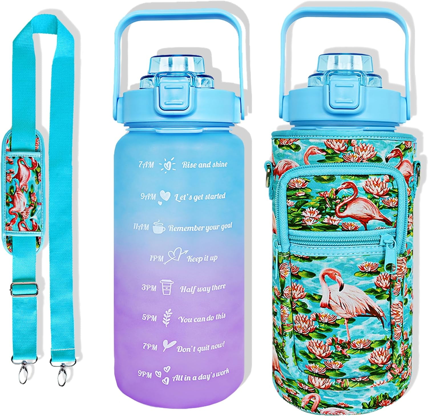 64 oz Water Bottle with Straw Sleeve & Strap Motivational BPA Free Half ...