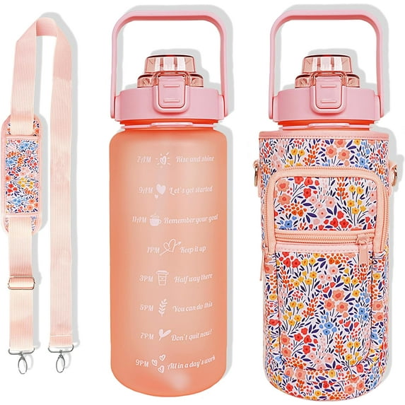 64 oz Water Bottle with Straw Sleeve & Strap Motivational BPA Free Half Gallon Water Jug with Handle for Gym Women Men Aesthetic Water Bottle with Strap Floral