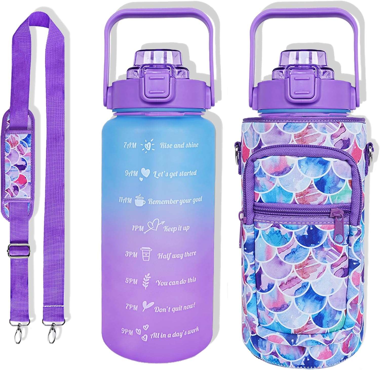 64 oz Water Bottle with Straw Sleeve & Strap Motivational BPA Free Half Gallon Water Jug with Handle for Gym Women Men Aesthetic Water Bottle with Strap Mermaid