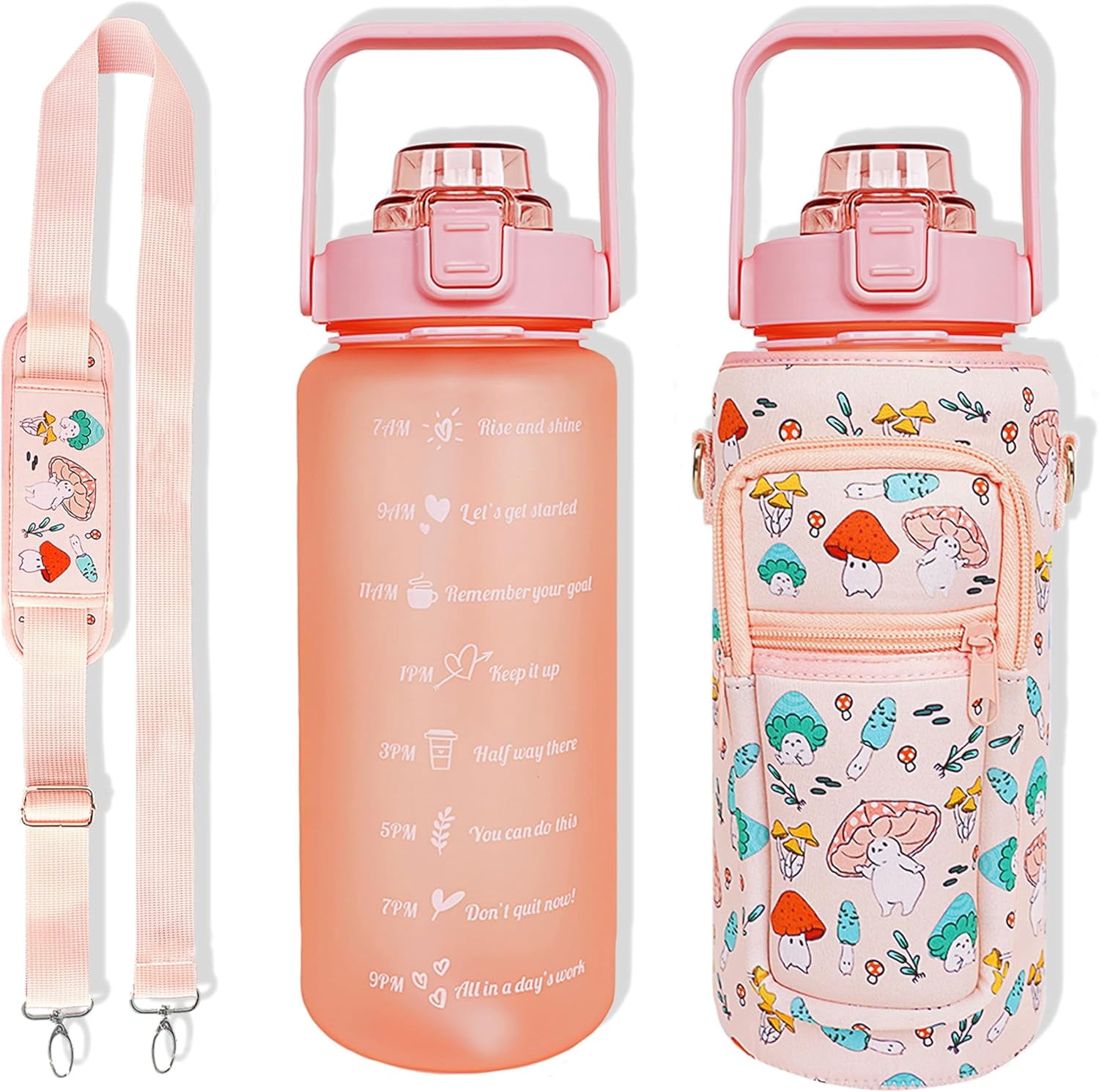64 oz Water Bottle with Straw Sleeve & Strap Motivational BPA Free Half Gallon Water Jug with Handle for Gym Women Men Aesthetic Water Bottle with Strap Mushroom Pink