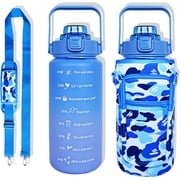 64 oz Water Bottle with Straw Sleeve & Strap Motivational BPA Free Half Gallon Water Jug with Handle for Gym Women Men Aesthetic Water Bottle with Strap Navy Blue