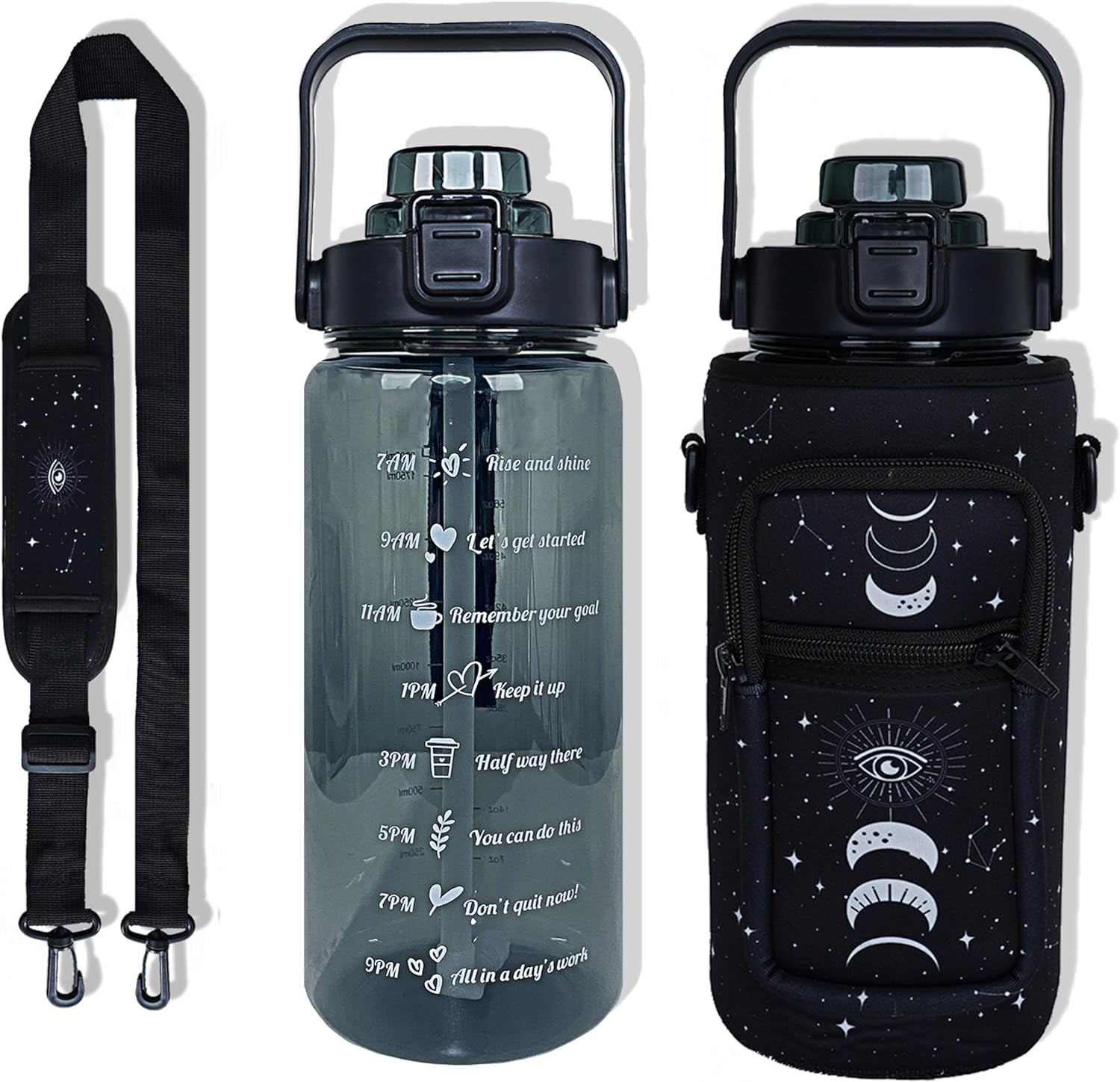 64 oz Water Bottle with Straw Sleeve & Strap Motivational BPA Free Half Gallon Water Jug with Handle for Gym Women Men Aesthetic Water Bottle with Strap Star Sign