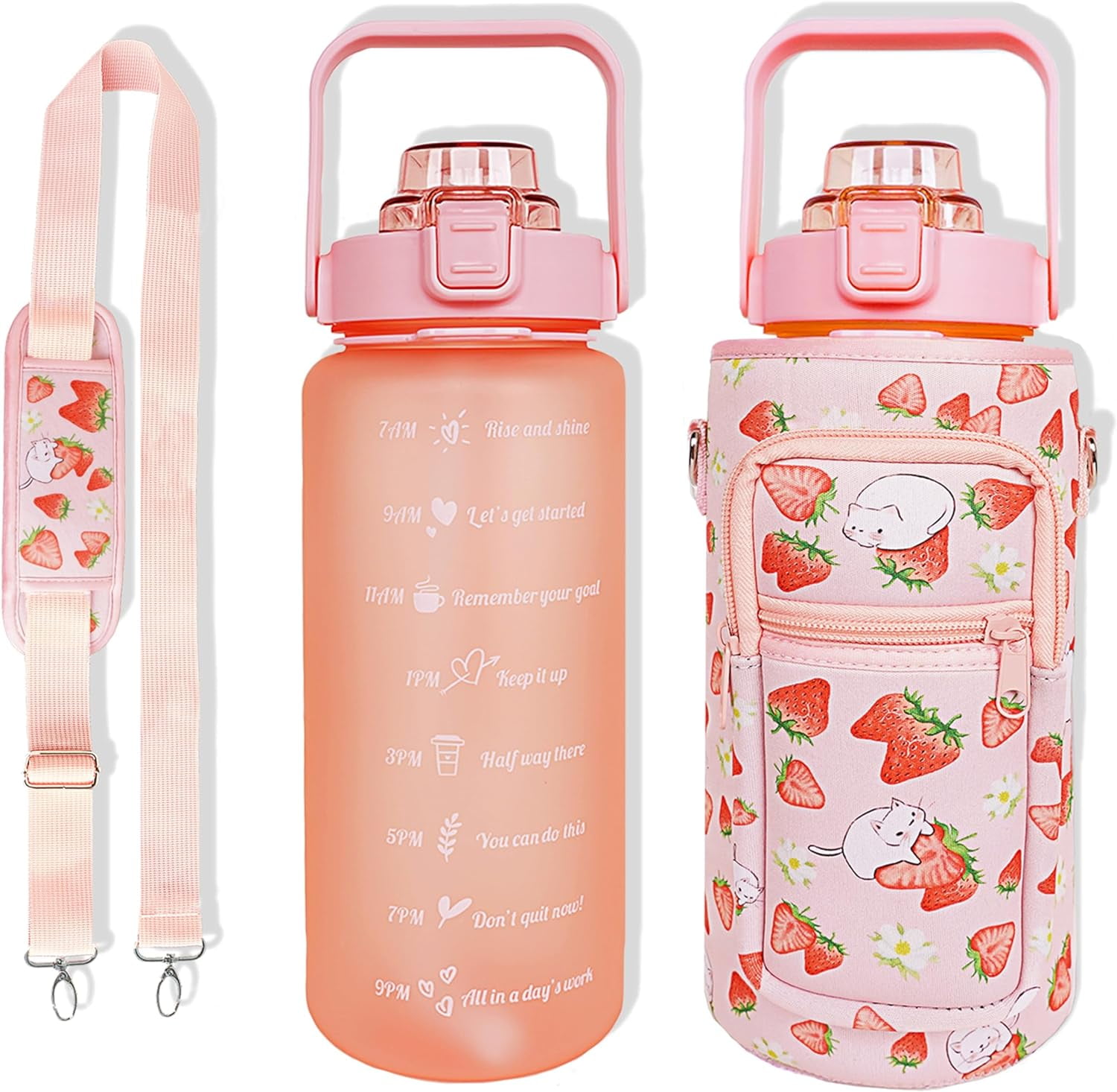 64 oz Water Bottle with Straw Sleeve & Strap Motivational BPA Free Half Gallon Water Jug with Handle for Gym Women Men Aesthetic Water Bottle with Strap Strawberry Cat