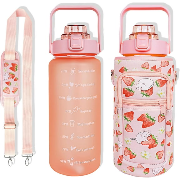 64 oz Water Bottle with Straw Sleeve & Strap Motivational Half Gallon Water Jug with Handle for Gym Women Men Aesthetic Water Bottle with Strap Black Mushroom