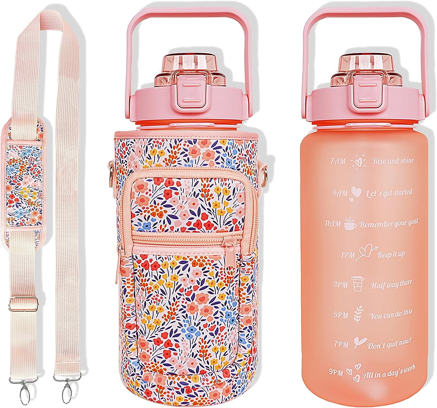 64 oz Water Bottle with Straw & Sleeve motivational BPA-free Half Gallon Water Bottle Holder with Strap Aesthetic Water Jugs for Drinking with Handle for Gym Women Men Flower