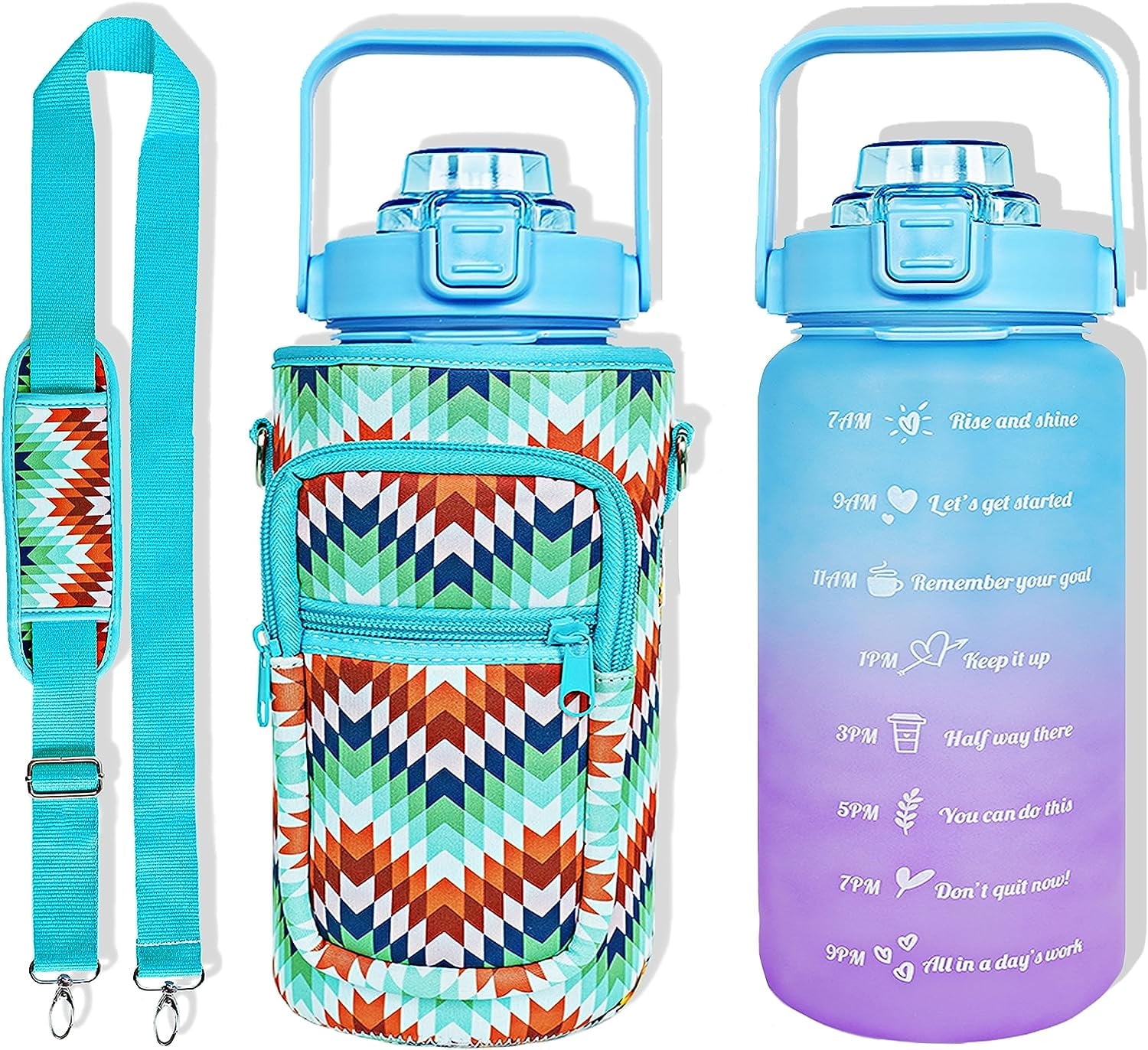 64 oz Water Bottle with Straw & Sleeve motivational BPA-free Half Gallon Water Bottle Holder with Strap Aesthetic Water Jugs for Drinking with Handle for Gym Women Men Multicolor Block