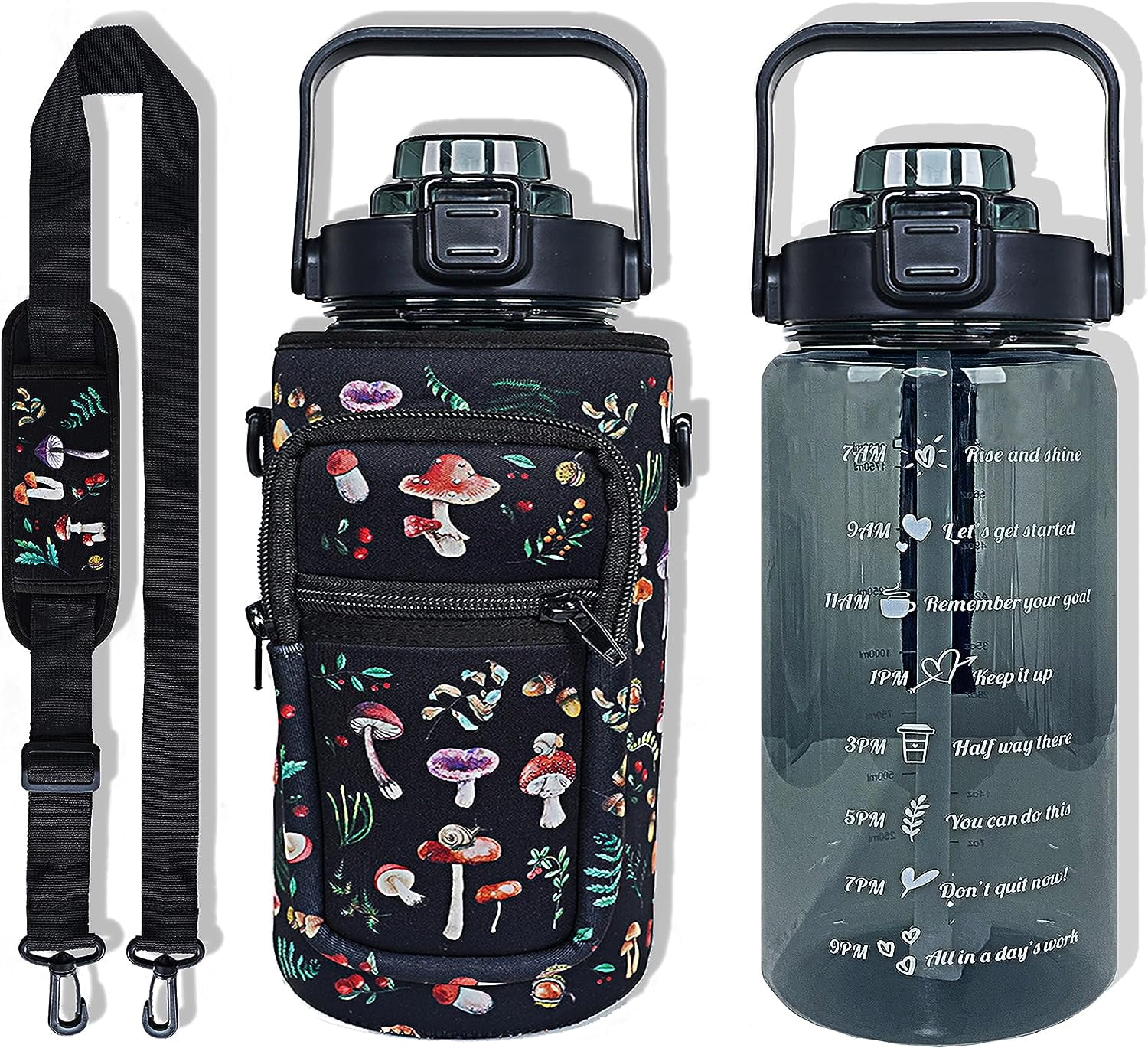 64 oz Water Bottle with Straw & Sleeve motivational BPA-free Half Gallon Water Bottle Holder with Strap Aesthetic Water Jugs for Drinking with Handle for Gym Women Men Mushroom