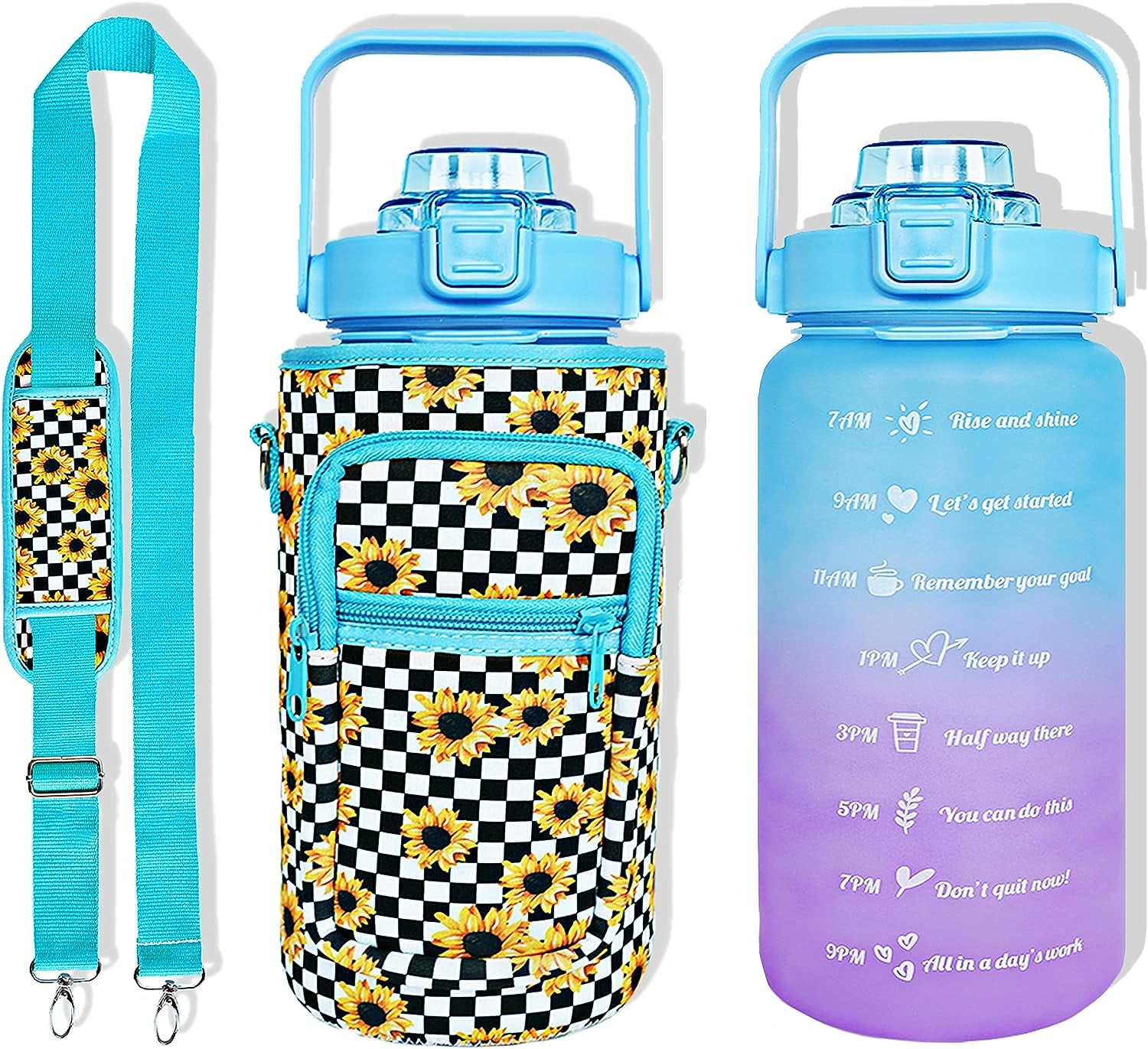 64 oz Water Bottle with Straw & Sleeve motivational BPA-free Half Gallon Water Bottle Holder with Strap Aesthetic Water Jugs for Drinking with Handle for Gym Women Men Sunflower
