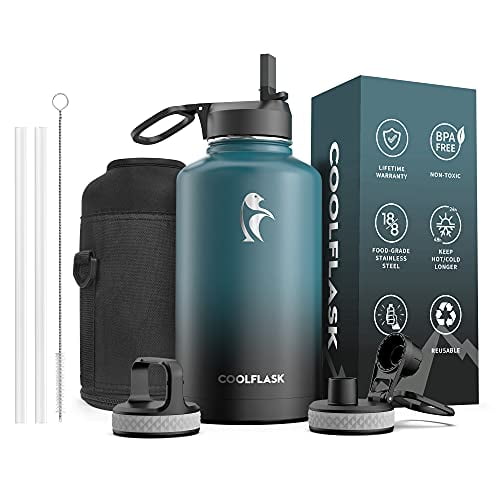 64 oz Water Bottle with Straw & Spout Lid, Coolflask Insulated Water Bottle Half Gallon Wide Mouth , Sweat-Proof BPA-Free Keep Cold for 48 Hrs or Hot for 24 Hrs, Samurai Cyan