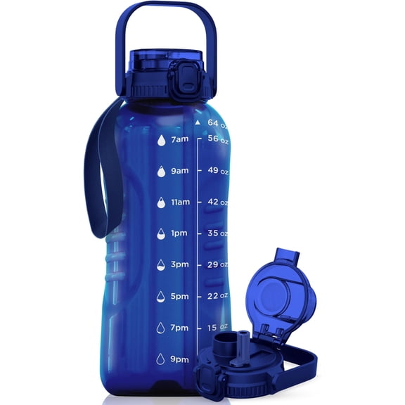64 oz Water Bottle with Time Marker - 2in1 Straw & Chug Lid -  Big Water Bottle with Straw - Gym Water Bottle with Strap - Water Jug (64 Ounces, Blue)