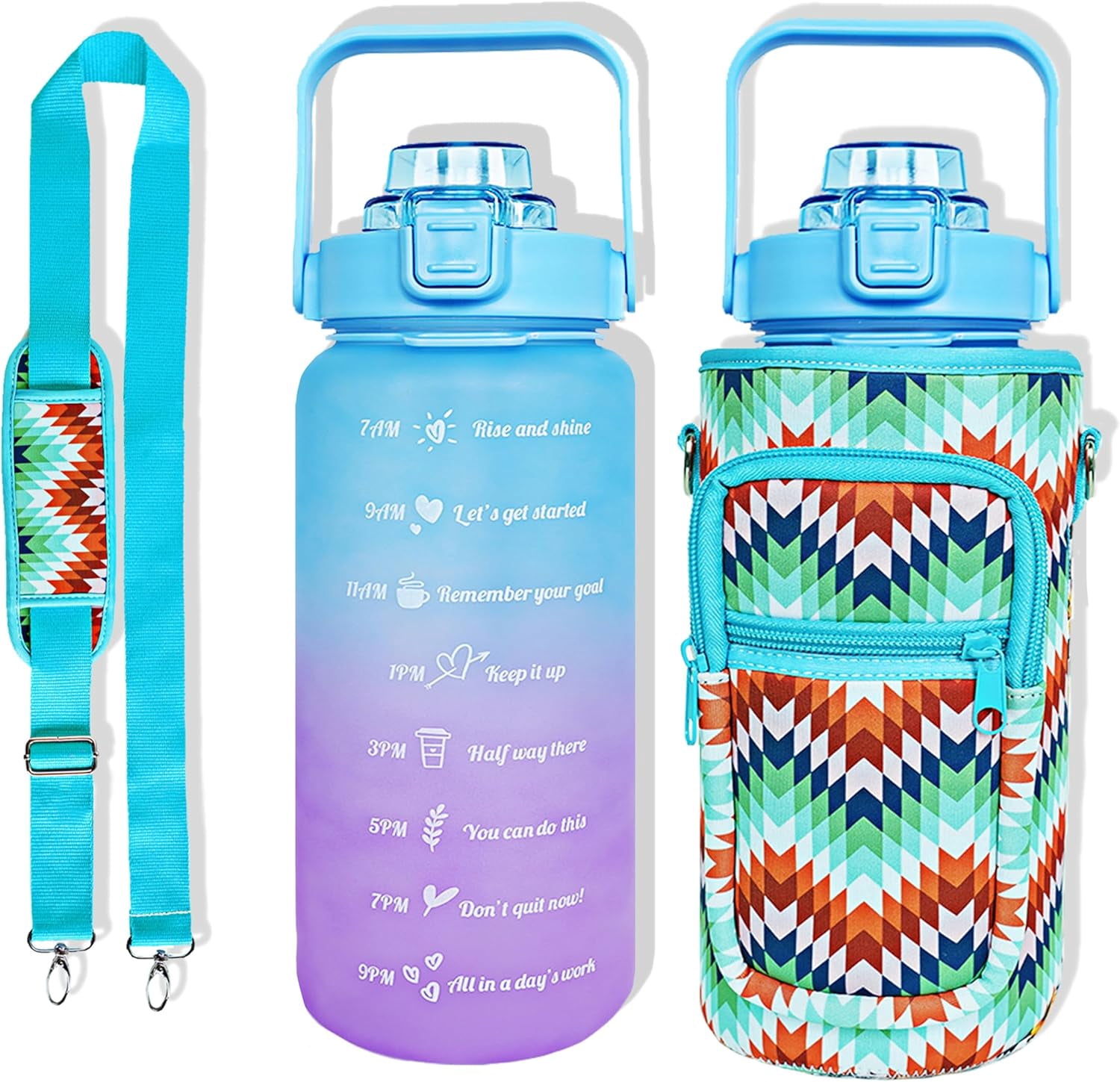 64 oz Water Bottle with Straw Sleeve & Strap Motivational Half Gallon Water Jug with Handle for Gym Women Men Aesthetic Water Bottle with Strap Bird