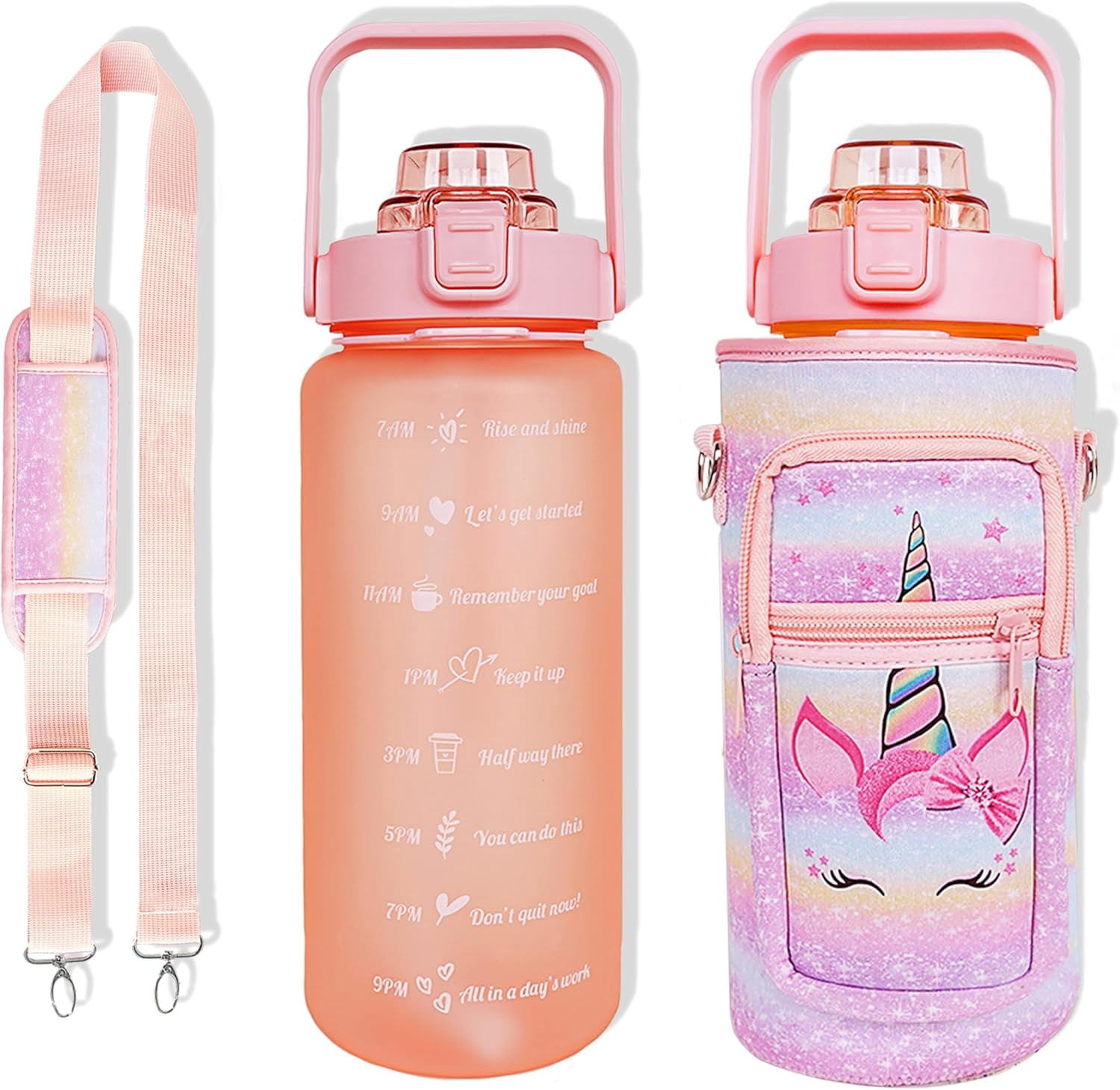 64 oz Water Bottle with Straw Sleeve & Strap Motivational Half Gallon Water Jug with Handle for Gym Women Men Aesthetic Water Bottle with Strap Bird