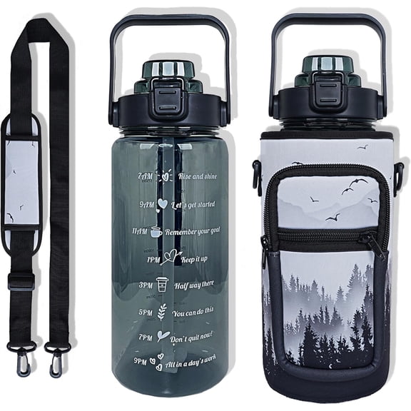 64 oz Water Bottle with Straw Sleeve & Strap Motivational Half Gallon Water Jug with Handle for Gym Women Men Aesthetic Water Bottle with Strap Bird