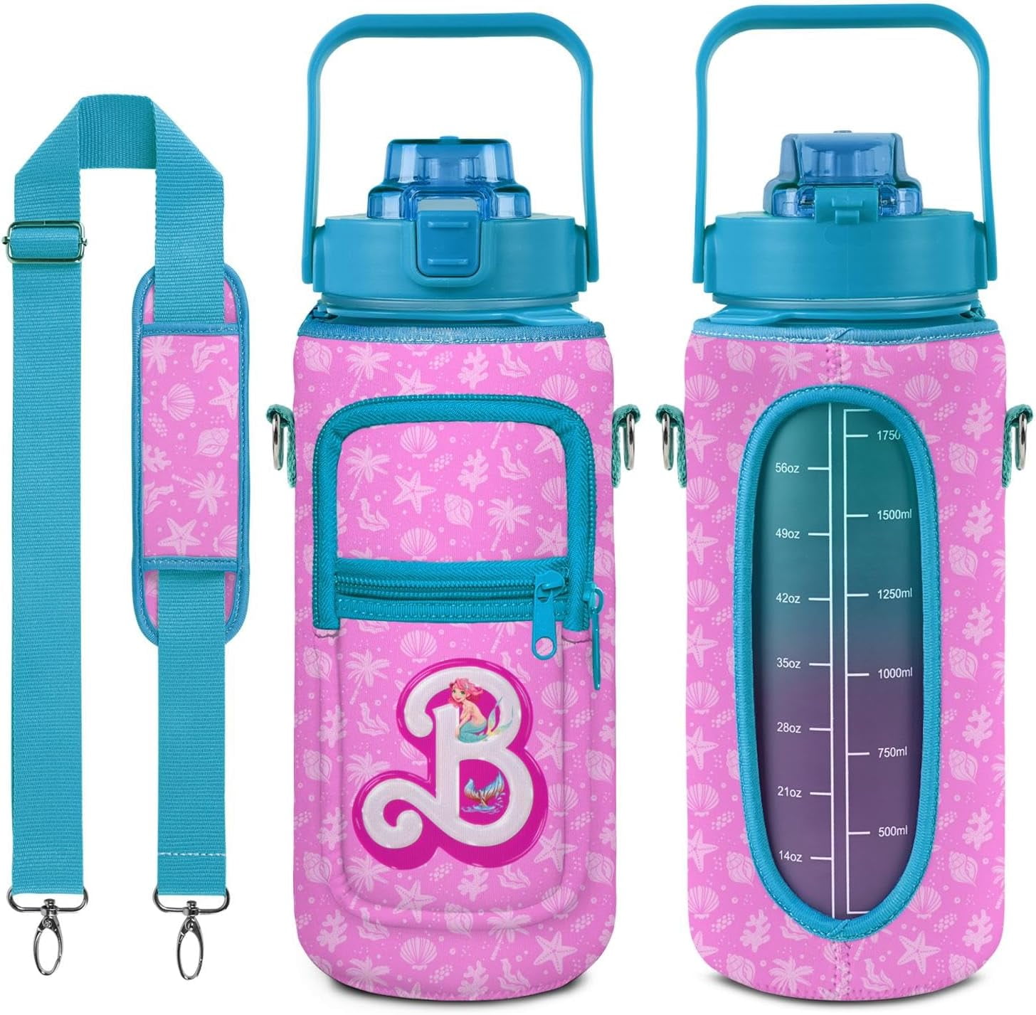 64 oz Water Bottle with Straw and Storage Sleeve - Half Gallon Water Bottle for Gym Women and Outdoor Activities, Gym Gifts for Women