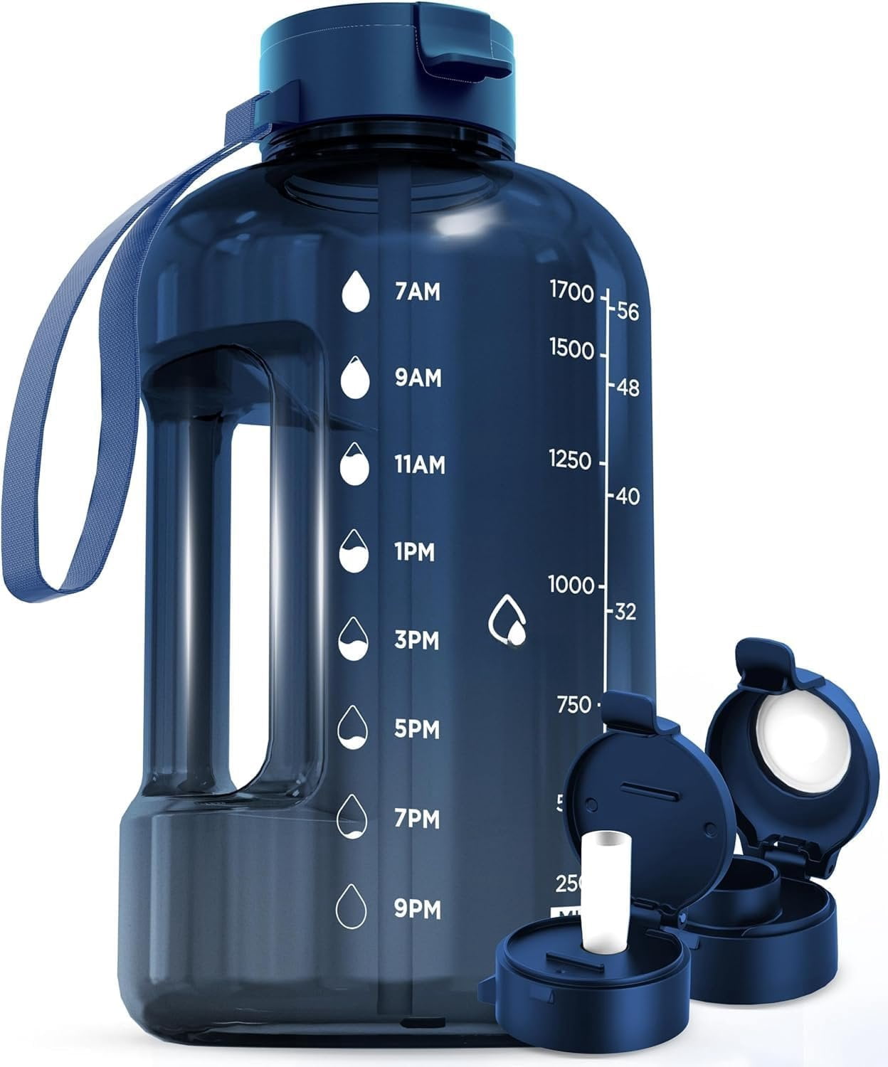 64 oz Water Bottle with Time Marker - Straw & Chug Lid - Half Gallon ...