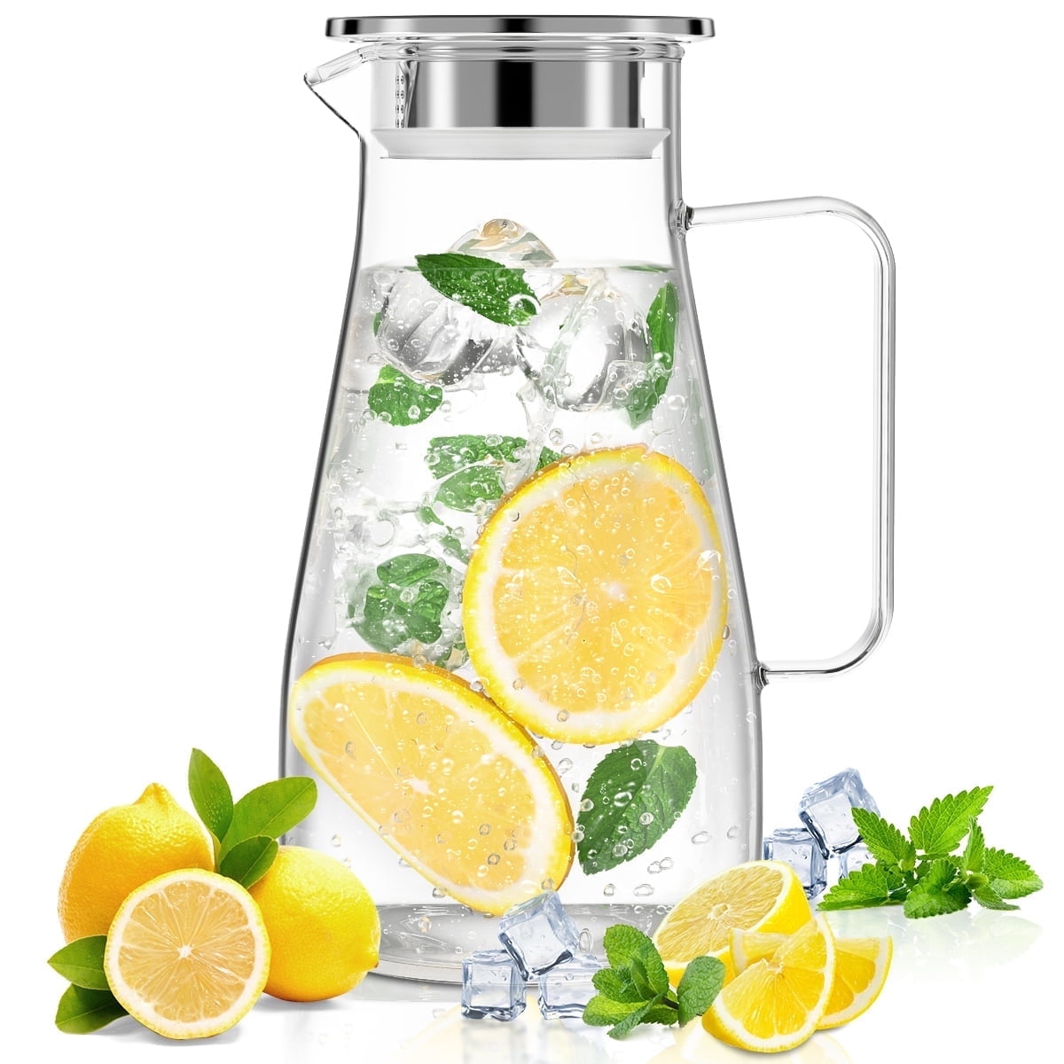 64 oz Water Pitcher with Lid and Spout, 1.8L Heat & Cold Resistant Glass Water Carafe with Handle, Easy to Clean Thickened Borosilicate Glass Jug for Cold and Hot Beverage - Walmart.com